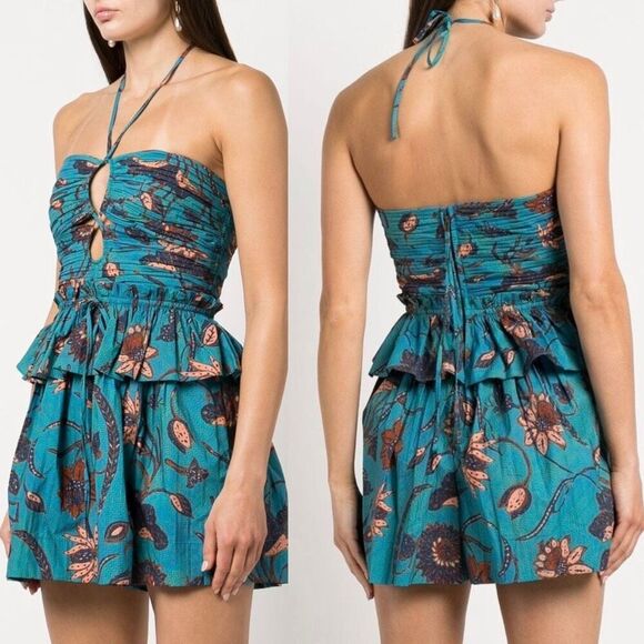 Ulla Johnson Isidro Halter Playsuit Romper in Lagoon Blue Floral Print Size 2 - Picture 1 of 9